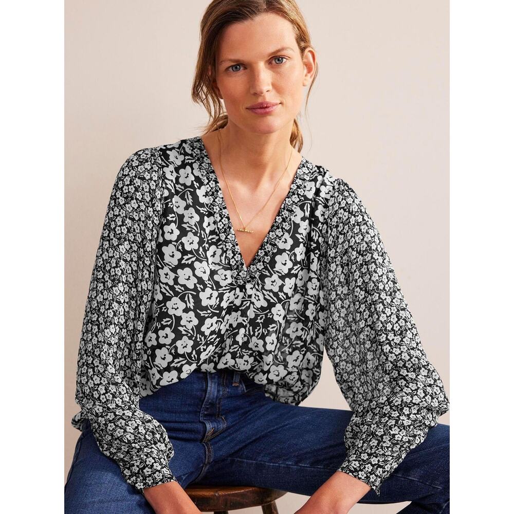 Boden Womens Black Floral Semi Sheer V-neck Printed Blouse Top US 8